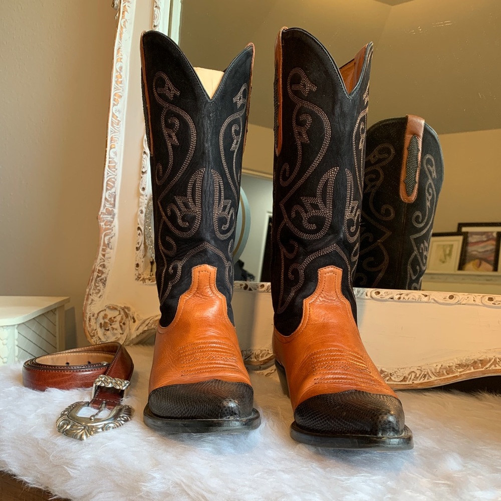 Nine West Vintage Cowgirl Boots Brown & Black Leather & Suede Faux Croc Size 7N
